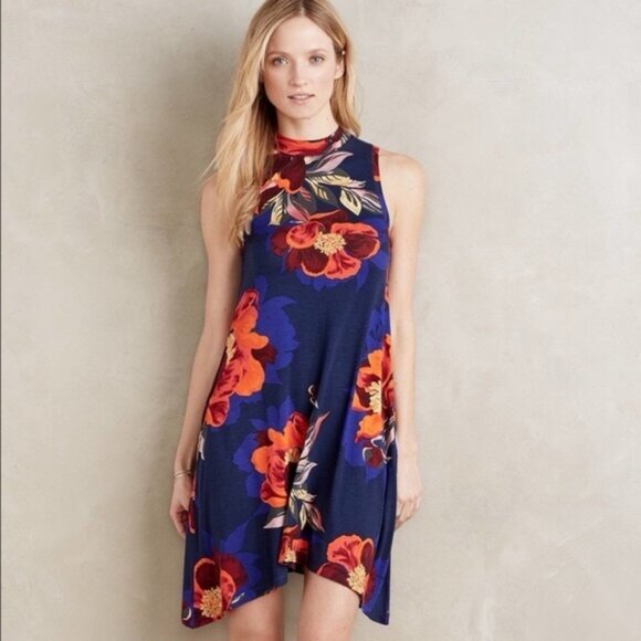 Anthropologie  Maeve SZ M Royal Blue Tropical Print Swing Dress Resort Modern - Picture 1 of 9